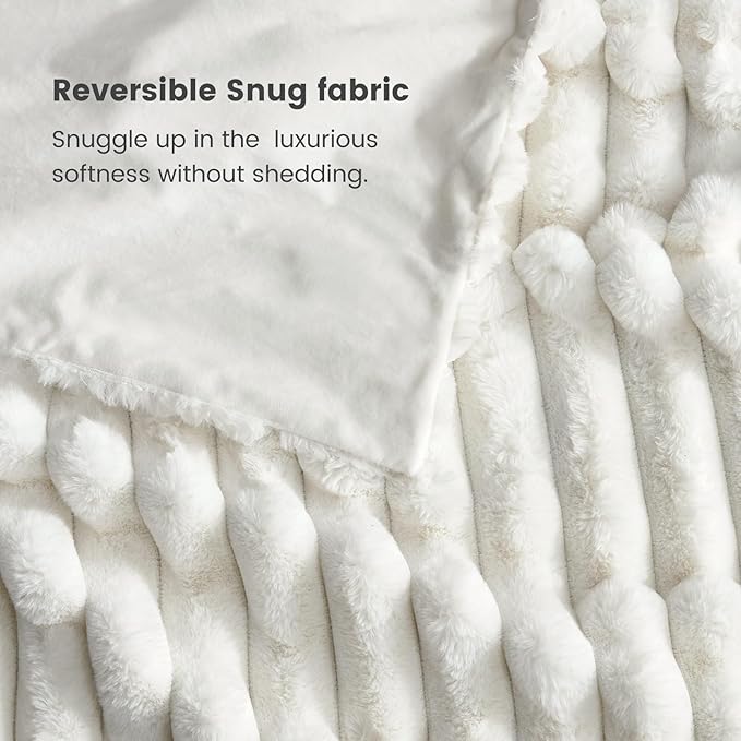 Cozy Bliss Faux Fur Throw Blanket for Couch, Cozy Warm Plush Striped Blanket for Sofa Bedroom Living Room, 90 * 90 Inches Cream White