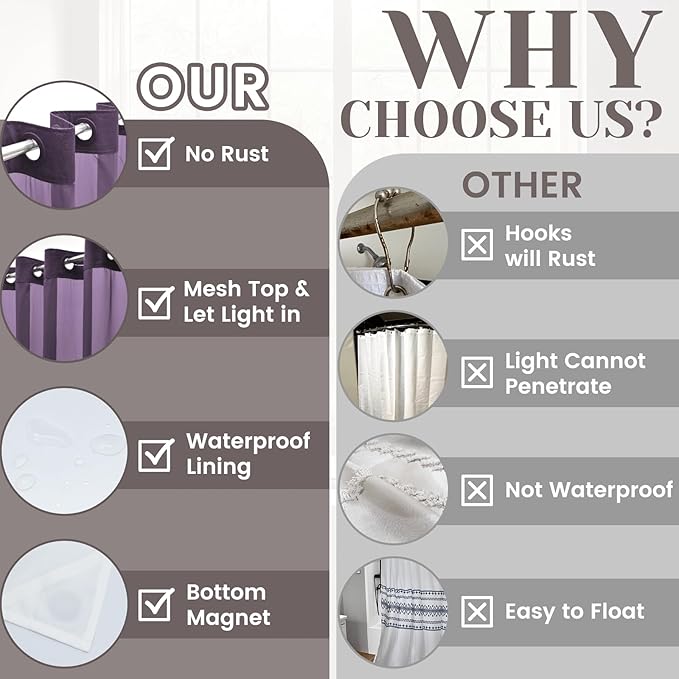 No Hook Slub Textured Shower Curtain with Snap in Liner - Purple Fabric Outer Curtain & Waterproof Inner Liner, Hotel Style with See Through Top Window, 71x74 in