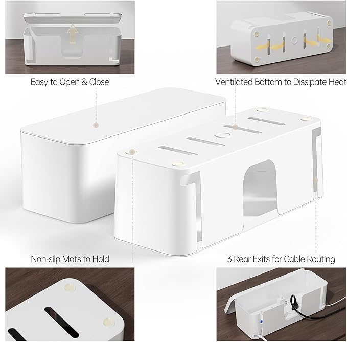 YECAYE 2 Pack Cable Management Box, Pet Friendly Cord Organizer Box for Home & Office, Child-Proof Cable and Power Strip Protector Box, Wire Hider and Cord Organizer for Desk, White