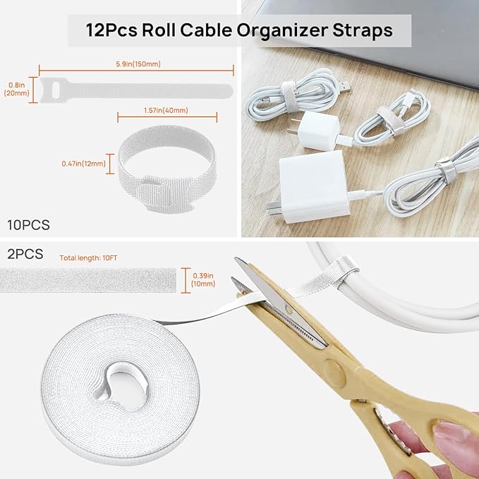 193 PCS Cable Management Kit - 4 Cable Sleeve, 57 Self Adhesive Cable Clips, 12 Hanging Strips, 12 Cable Organizer Straps and 100 Fastening Cable Ties for TV Computer Under Desk (White)