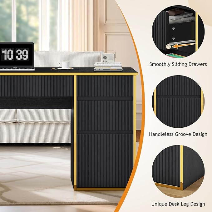 58 Inch Computer Desk with Drawers, Home Office Desk with File Drawers, Fluted Executive Desk with Storage for Study Writing, Living Room, Bedroom, Black and Gold