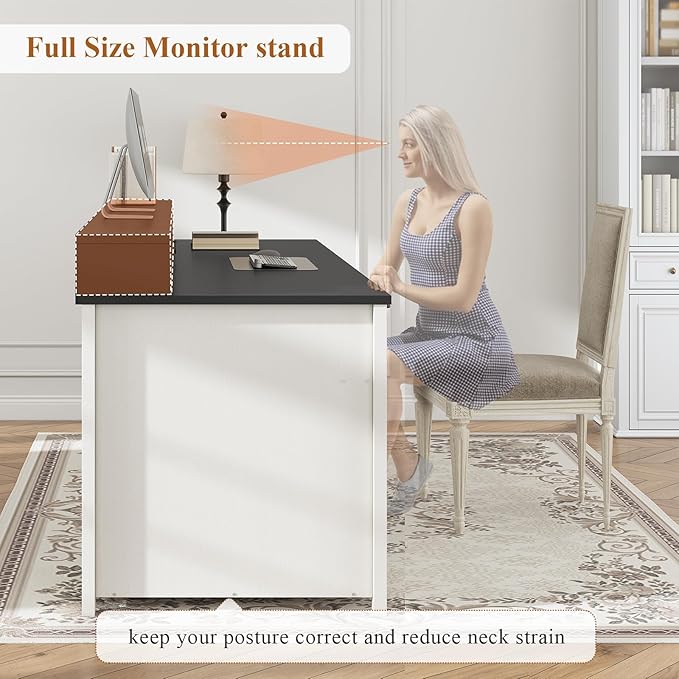 SEDETA Farmhouse 63" Executive Desk, Home Office Desk with File Drawer and Monitor Stand, Computer Desk with Drawers and Storage Cabinet, Wood Desk for Work Study Writing, White