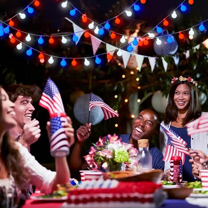 JMEXSUSS Red White and Blue Lights Battery Operated, 33ft 4th of July Lights Outdoor Waterproof, 100 LED String Light for Independence Day Memorial Patriotic Day Decor