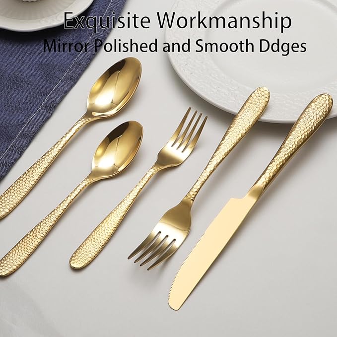 Gold Hammered Silverware Set, 40 Piece Stainless Steel Heavy Duty Flatware Set for 8, Food-Grade Tableware Cutlery Set for Home Restaurant, Mirror Polished, Dishwasher Safe