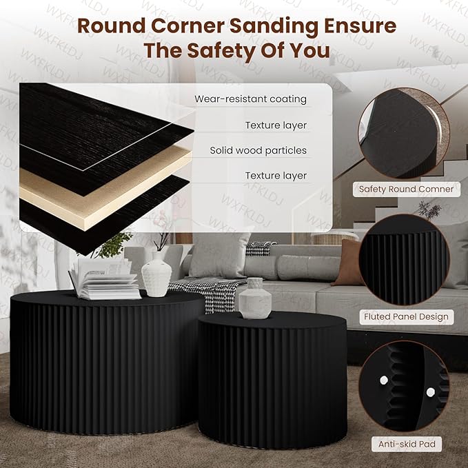 Nesting Coffee Table Set of 2 Modern Round Coffee Table with Non-Slip Feet Wood Drum Circle Accent Tables End Table Set for Living Room Bedroom Office (Black Round Set)