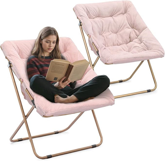 Athena Collection Saucer Chair for Adult, Square Comfy Cozy Chair Folding Chair Faux Fur Metal Frame Foldable Reading Chair Accent Chair for Bed Room Living Room Set of 2, Pink