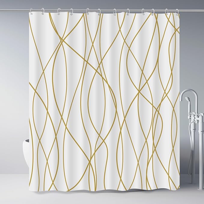 Punkray Gold Light Brown and White Striped Wavy Line Polyester Shower Curtain for Bathroom with Hooks, Shower Curtain Set Stripe Bath Curtains Decor Weighted Hem Washable, 72 x 72