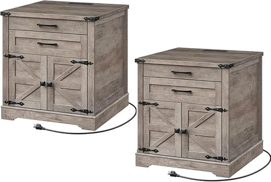 Farmhouse End Table Set of 2, 24'' Sofa Side Table with 2 Drawers and Barn Door, Large Rustic Wooden Square Nightstand for Bedroom, Living Room, Greige
