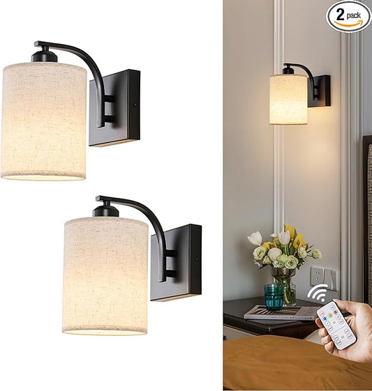 Black Rechargeable Battery Operated Wall Sconces Set of 2 with Remote, Wireless Dimmable Battery Powered LED Wall Lights, Cordless Wall Lighting Lamp Fixture for Bedroom Living Room