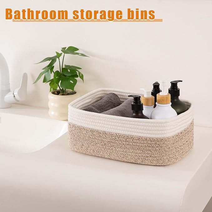 OIAHOMY 4 Pack Storage Baskets for Organizing, Small Bins for Shelves, Cute Decorative Storage Bins, Organizer Baskets for Gifts Empty, 13''Lx8.7''Wx5.1''H, Brown/White