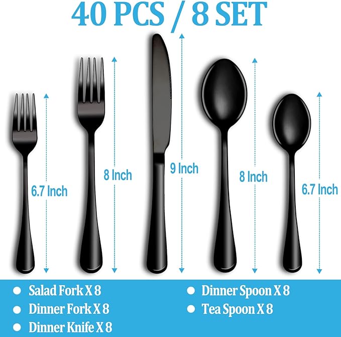 40 Pcs Black Silverware Set, Stainless Steel Flatware Set Service for 8, Mirror Polished Cutlery Utensil Set, Durable Home Kitchen Eating Tableware Set, Include Fork Knife Spoon Set, Dishwasher Safe