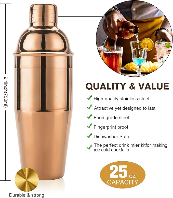 KINGROW Cocktail Shaker Set 29-Piece Bartender Kit with Rotating Stand | Bar Set Drink Mixer Set with All Essential Accessory Tools for Drink Mixing, Home, Bar, Party |Gold Rose