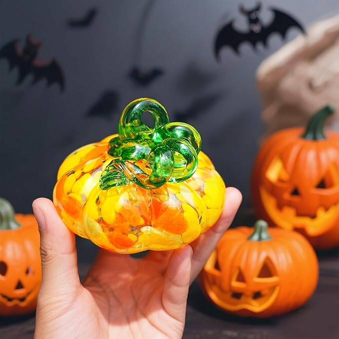 H&D HYALINE & DORA Hand Blown Glass Pumpkin Figurine for Decorations Fall, Yellow Glass Pumpkin Crafts Tabletop Decor for Autumn Halloween Thanksgiving Saints' Day Home Indoor Outdoor