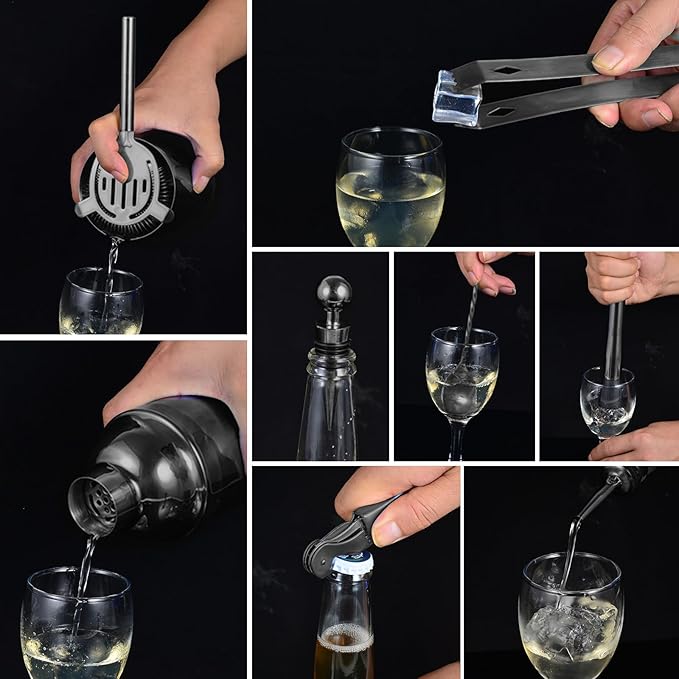 Bartender Kit with Stand, 12-Piece Bar Set | 24oz Cocktail Shaker Set for Drink Mixing, Martini Shaker Set with Bar Tools, Recipes Booklet | Fun Housewarming Gift (Black)