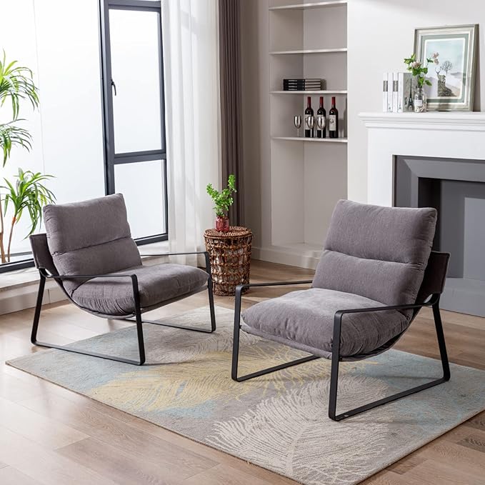 HEAH-YO Modern Accent Chairs Set of 2, Linen Fabric Living Room Chairs with Removable Cushion and Solid Metal Frame, Comfy Reading Chairs for Bedroom, Grey
