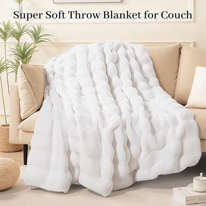 NEXHOME PRO Faux Fur Throw Blanket, Ultra Soft Cozy Warm Fuzzy Fluffy Plush Reversible Blanket for Couch, Sofa, Bed, Home Decor Gift, White 5060