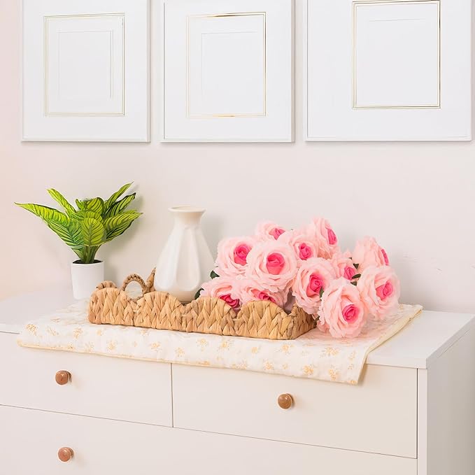 KOKODO Set of 2 Wicker Scalloped Tray – Handwoven Water Hyacinth Basket Trays, Decorative Scalloped Wicker Tray for Serving, Organizing, Kitchen, Coffee Table, Bathroom, and Shelf Décor.