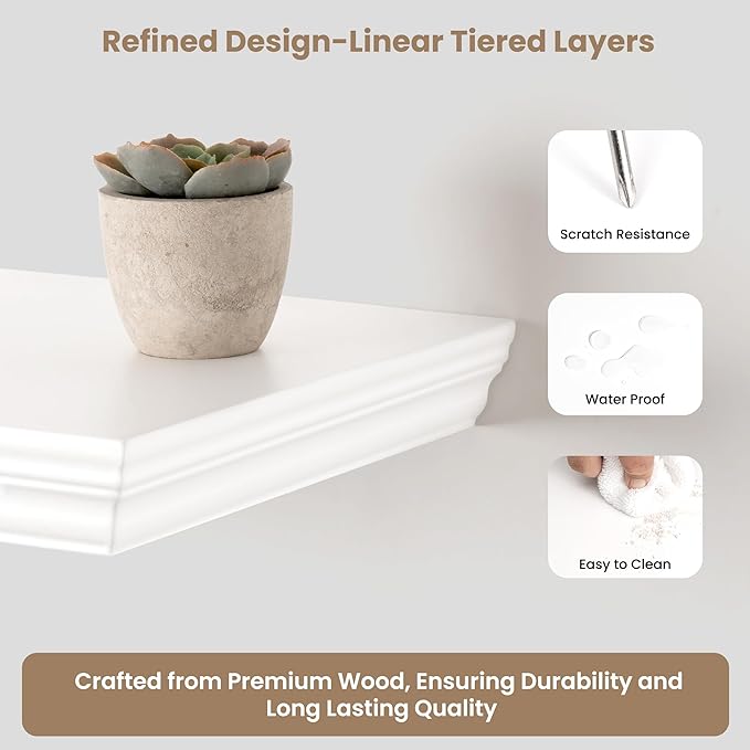 Axeman 48 Inch Floating Shelves for Wall, 9.3" Deep Crown Molding Wood Display Shelf with Heavy Duty Invisible Brackets for Living Room, Bedroom, Bathroom, Kitchen Decor & Storage, Set of 1, White