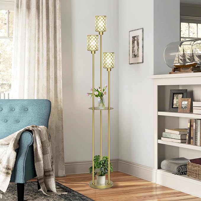 Gold Floor Lamps for Living Room, Standing Floor Lamp with Shelves, Tall Lamp with Table, Modern Mid Century Floor Lamp with E26 Base, Coner Crystal Floor Light for Bedroom (Without Bulb)
