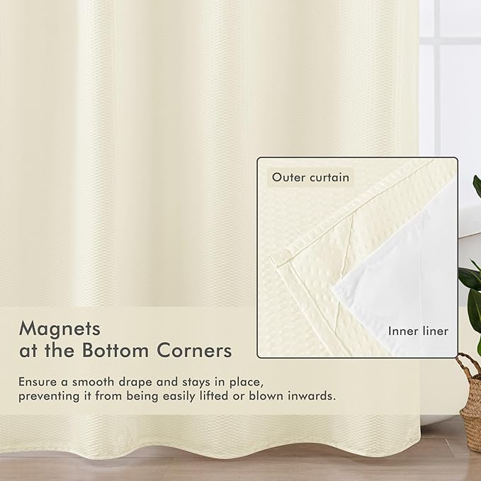 Mrs Awesome No Hook Shower Curtain with Snap-in Liner Less Time On/Off, Embossed Waffle-Look Textured Fabric Shower Curtain for Bathroom, Soft & Lightweight, 71x74, Cream