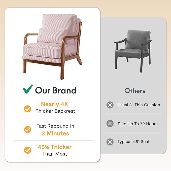 FLEXISPOT AC1 Mid Century Modern Accent Chairs Set of 2, Corduroy Upholstered Armchairs with Wood Frame, Thick Backrest & Lumbar Pillow, Comfy Reading Chairs for Living Room, Bedroom, Balcony (Pink)