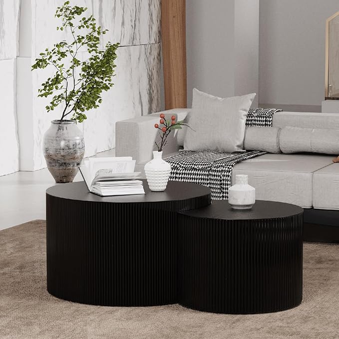 Modern Round Nesting Coffee Table Set of 2, Vertical Stripe Design Drum Coffee Table Cocktail Table, Round Side Table for Living Room, Bedroom, Office, Balcony (C19.69+27.56")
