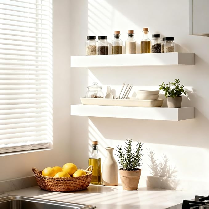 Floating Shelves for Wall(Set of 2)-24 Inch White Wood Wall Shelf with Invisible Brackets for Bathroom,Bedroom,Drawingroom,Kitchen for Decor(White,2pcs)