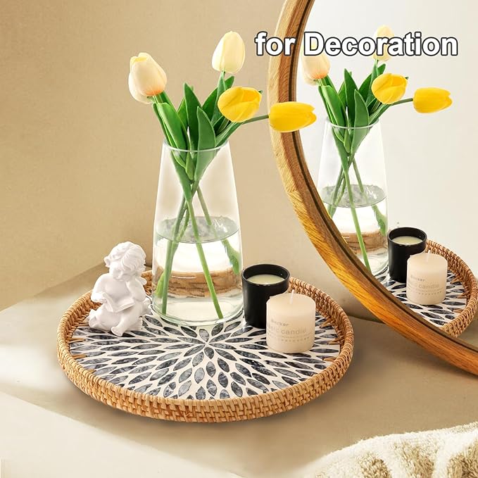 Round Rattan Tray with Mother of Pearl Inlay, Rattan Serving Tray for Coffee, Bread, Fruits, Decorative Wicker Tray for Table Decor, Home Decor, Kitchen Island Decor (Dark Blue Leaf, 11.8")