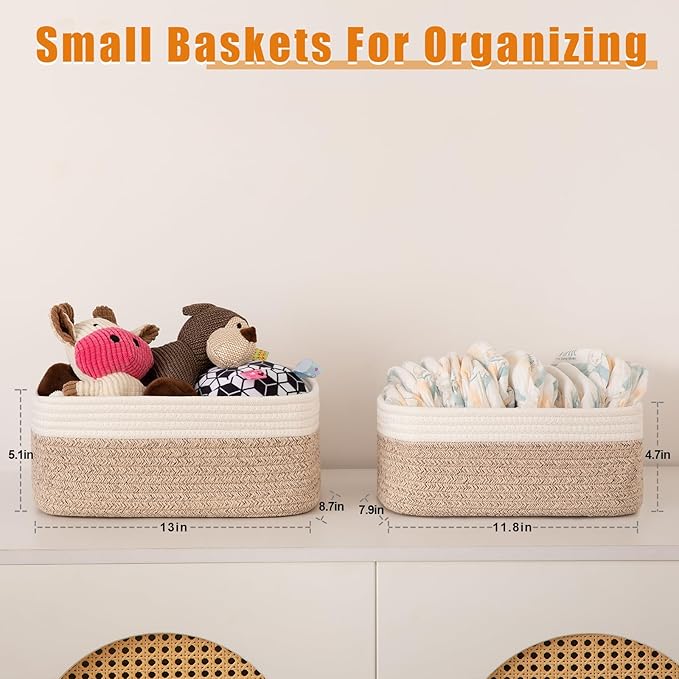 OIAHOMY 4 Pack Storage Baskets for Organizing, Small Bins for Shelves, Cute Decorative Storage Bins, Organizer Baskets for Gifts Empty, 13''Lx8.7''Wx5.1''H, Brown/White