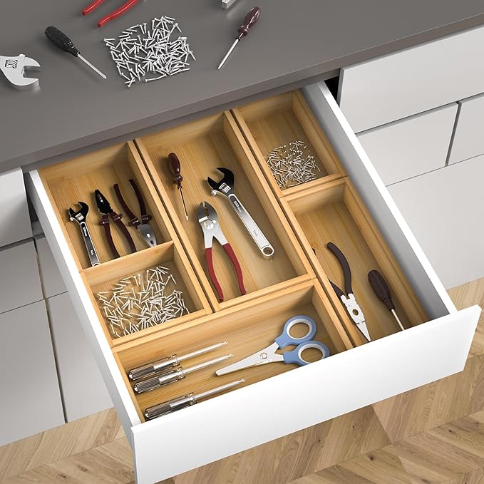 Bamboo Drawer Organizer Set, 5-PCS Adjustable Kitchen & Office Drawer Organizers, Multipurpose Storage Trays for Utensils, Makeup, Jewelry, Bathroom & Desk Accessories