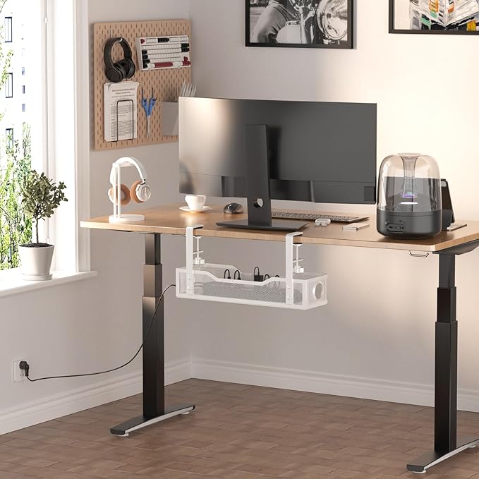 [Upgraded] Under Desk Cable Management Large, Cinati 16" Cable Management Box for Table Thickness up to 3", Wire Cord Organizer with Clamp No Drill, No Damage to Desk (White)