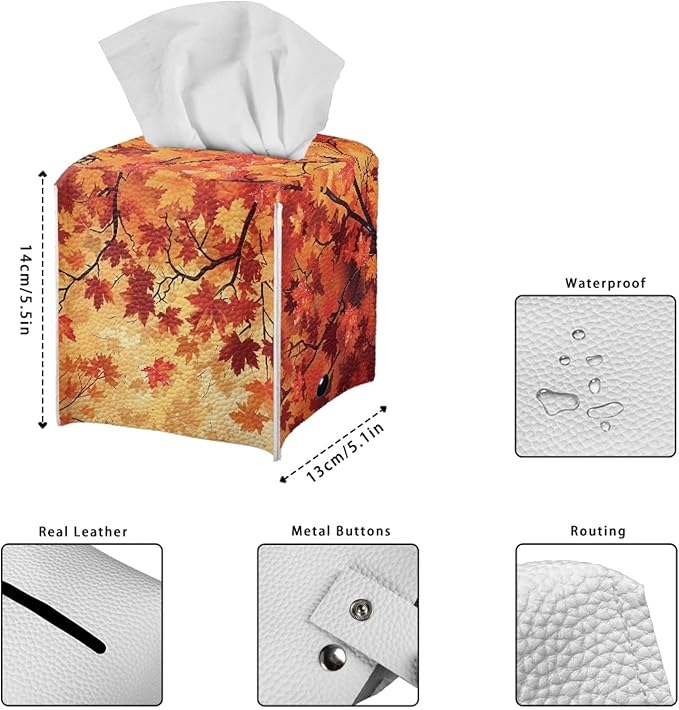 Maple Leaf Tissue Box Cover Square Facial Tissue Holder Storage for Bedroom Bathroom Night Stand Car Modern Home Decorative with Buttons Napkin Case Covers Thanksgiving Decor