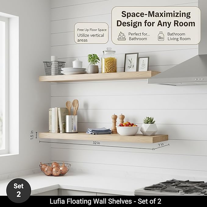 Lufia Floating Wall Shelves, Set of 2, MDF with Invisible Brackets, Modern Storage for Bedroom, Bathroom, Living Room, Kitchen (Oak, 32" W X 7" D X 1.5" H)