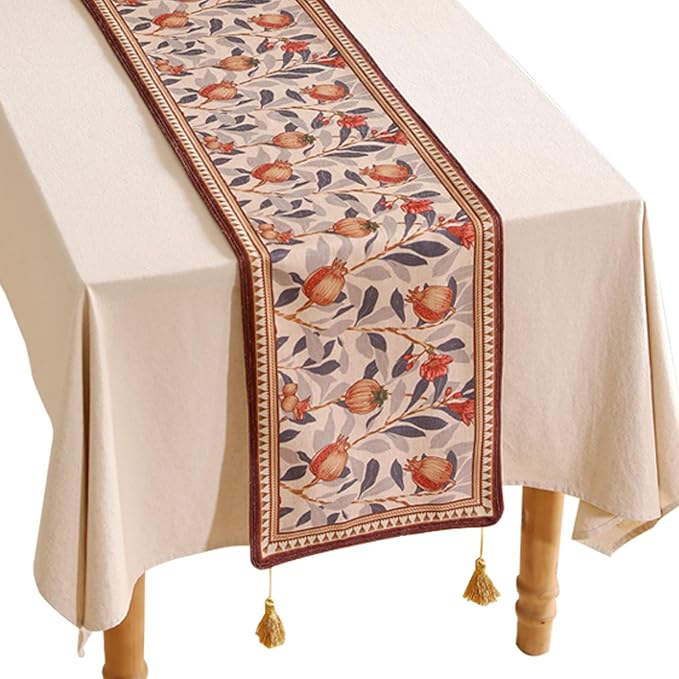 patdrea Designer Vintage SaddleBrown Extra Long Linen Table Runner 118 Inch Long,Pomegranates Pattern Table Mat, Decor for Kitchen Dining Coffee Table Shelf Cabinet Banquet Christmas ,12"*118"