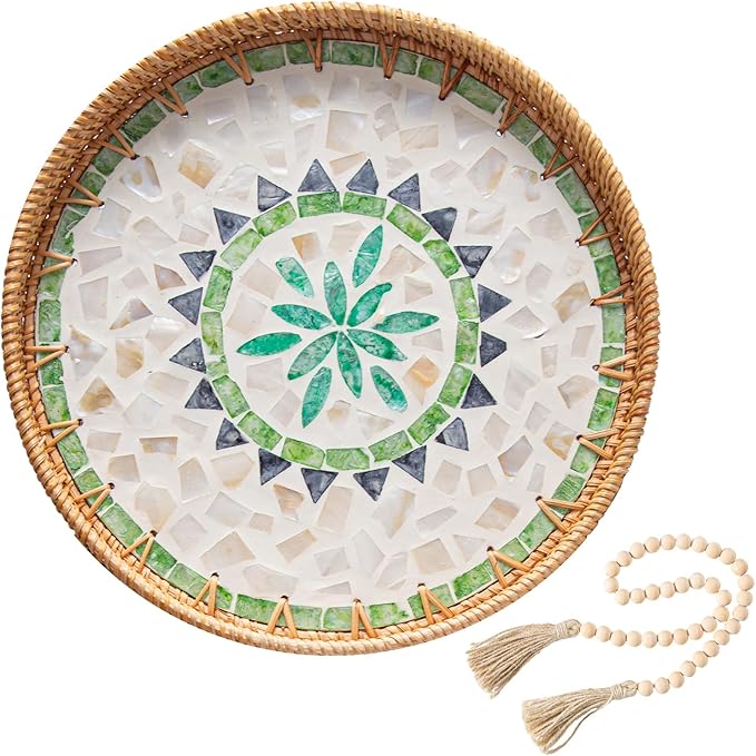 Round Rattan Tray Home Decor with Wood Bead Garland, 12'' Wicker Serving Tray with Mother of Pearl Inlay, Boho Decorative Tray for Coffee Table, Bathroom, Ottoman, Kitchen Table, Bathroom (Bohemian)