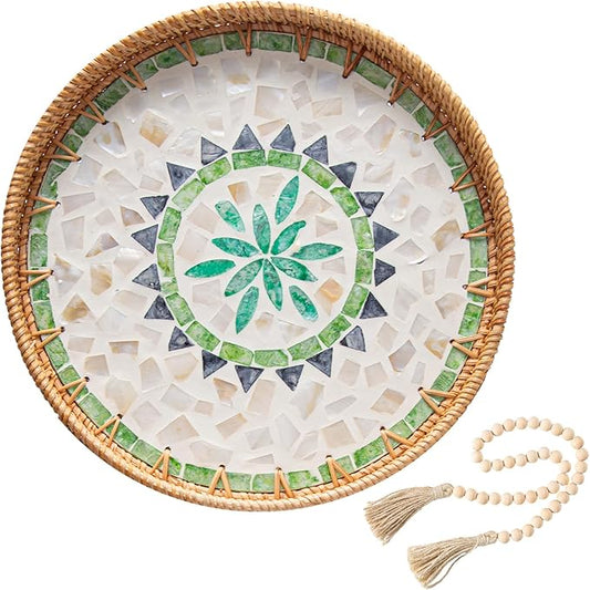 Round Rattan Tray Home Decor with Wood Bead Garland, 12'' Wicker Serving Tray with Mother of Pearl Inlay, Boho Decorative Tray for Coffee Table, Bathroom, Ottoman, Kitchen Table, Bathroom (Bohemian)