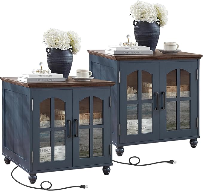 Farmhouse 24" End Table Set of 2 with Charging Station, Large Sofa Side Table with Glass Barn Door,Wood Night Stand with Adjustable Storage Shelf,Square Bedside Table for Living Room,Bedroom