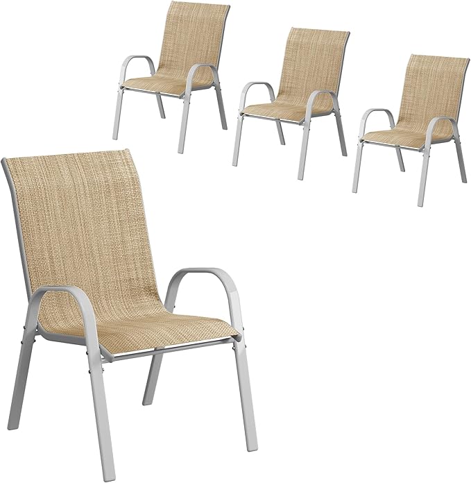 Amopatio Patio Chairs Set of 4, Stackable Outdoor Dining Chairs for All Weather, Silver Outdoor Chair Garden Furniture for Backyard Deck, Beige