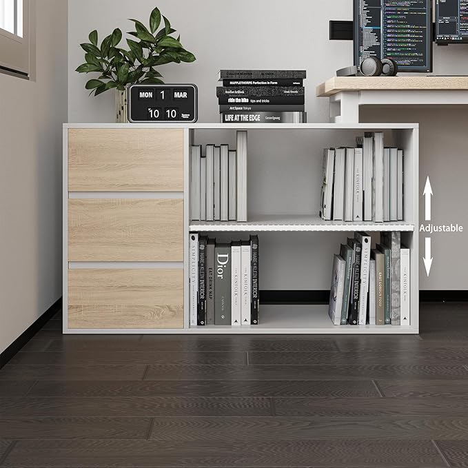 L Shape Computer Desk with 3 Drawers and 2 Shelves, Home Office Desk Corner Small Desk with Storage Cabinet for Writing Study Executive – Walnut and White