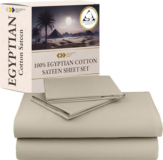 California Design Den Certified Luxury 100% Egyptian Cotton Sheets Set - California King Sheets Deep Pocket Set, Sateen Weave, Soft and Durable Luxury Bedding, Ideal for Hot Sleepers - Beige