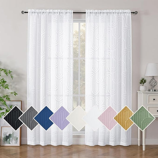 Simplebrand Sheer White Curtains 72 Inches Long 2 Panels for Window, Geometric Mid Century Light Filtering Semi Sheer Curtains for Front Back Patio Glass Door with Rod Pocket, 42" Wx72 L