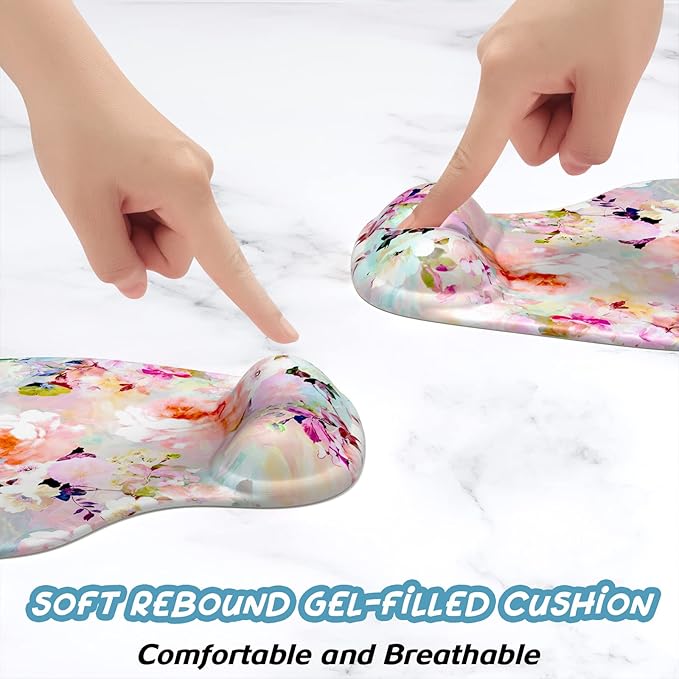 Hsurbtra Ergonomic Mouse Pad with Wrist Rest Support, Gel Mouse Pads with Non-Slip PU Base, Pain Relief Memory Foam Computer Mat, Cute Office Supplies Desk Decro Accessories, Pink Flower
