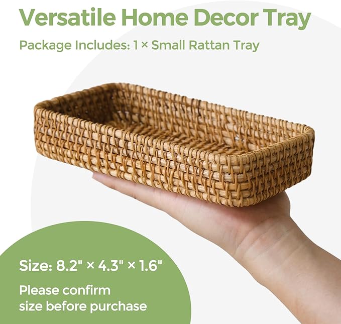 Small Rattan Serving Tray, Natural Wicker Decorative Tray Handwoven for Keys Trinkets Rings Cosmetics, Decorative Jewelry Perfume Tray for Coffee Table Entryway Living Room(8.2" × 4.3")
