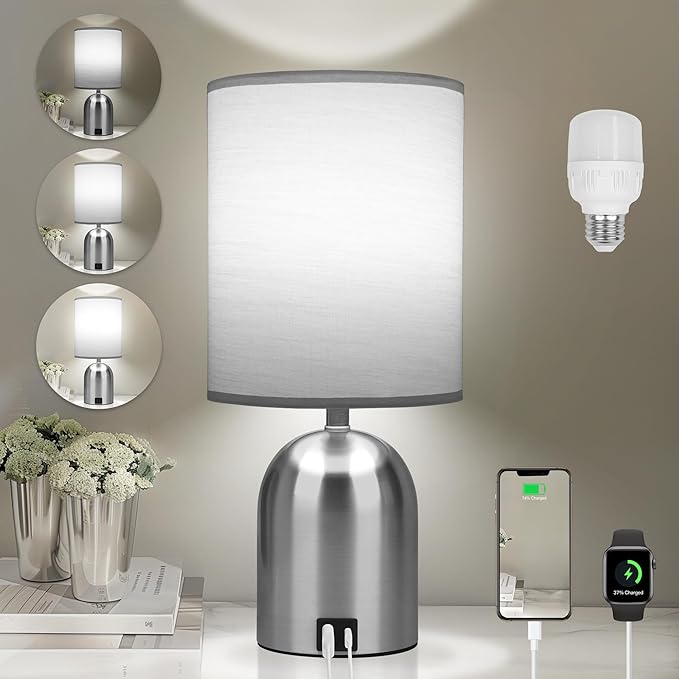 Bedside Table Lamp for Bedroom, 3 Way Dimmable Touch Small Desk Lamp for Office with USB Charging Port Lamps for Living Room, Bedroom, Reading Room, Office, Grey/Sliver, Silver
