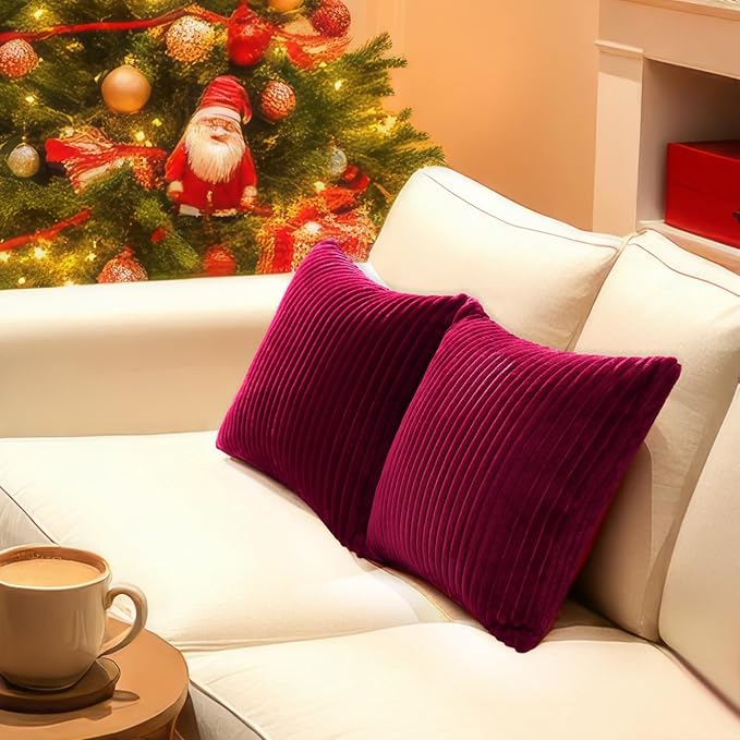 Simmore Decorative Fall Throw Pillow Covers 16x16 Set of 2, Soft Natural Plush Flannel Double-Sided Fluffy Couch Pillow Covers for Sofa Living Room, Burgundy