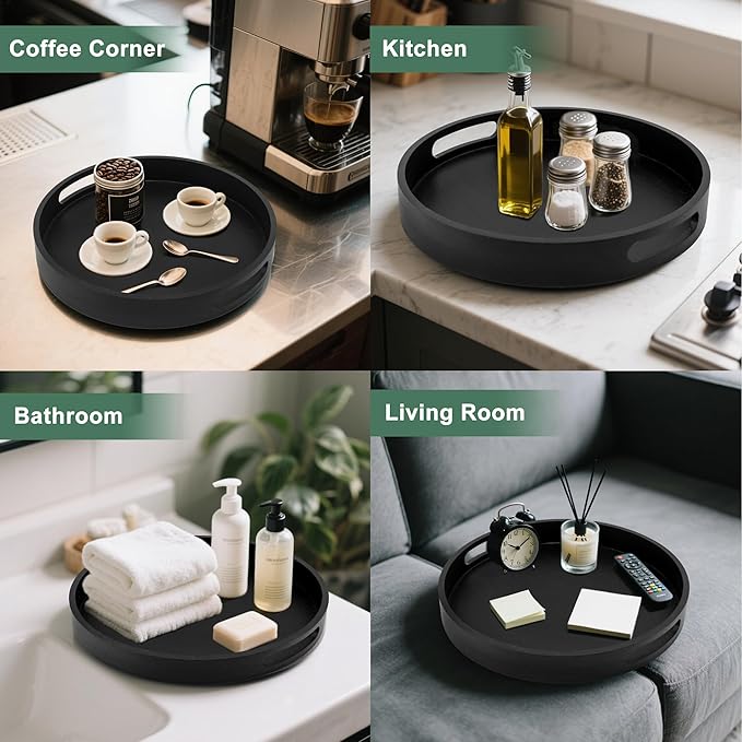 Round Decorative Tray,Wooden Serving Tray with Handles, 11.8in Black Decorative Trays for Coffee Table,Kitchen Counter,bandejas decorativas
