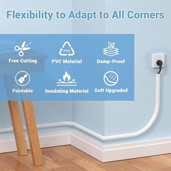 118 Inch Wall Cord Hider Self-Adhesive Flexible for TV Home Audio RG6 Coaxial Cable, PVC Cable Concealer for Home and Office, Cover Cable Raceways, White (3 M)