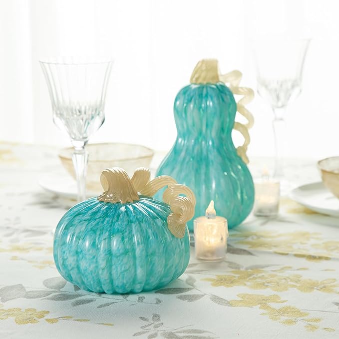 Glitzhome 6" D Round Turquoise Glass Pumpkin,Thanksgiving Glass Pumpkin Fall Pumpkin Glass Blown Pumpkin Table Decor Harvest Glass Pumpkin Figurine Glass Crafts for Fall Thanksgiving Halloween Decor