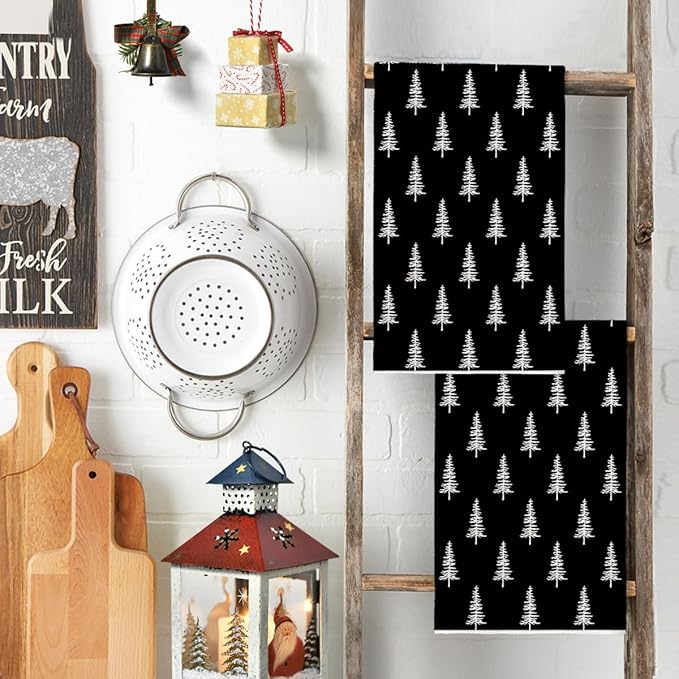 Artoid Mode Black Xmas Tree Christmas Kitchen Towels Dish Towels, 18x26 Inch Farmhouse Holiday Winter Decoration Cleaning Set of 2