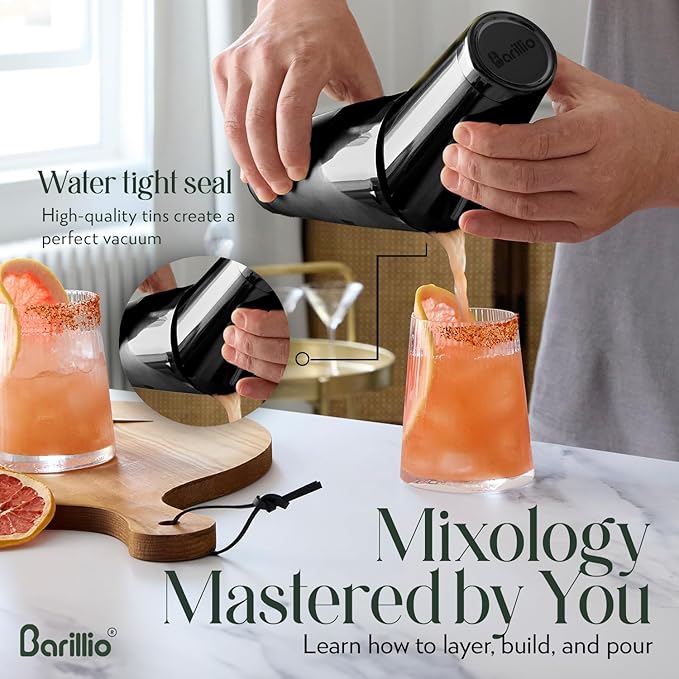Barillio Black Boston Shaker Set - Stainless-Steel, Weighted Martini Cocktail Shaker Set w/Strainer & Mixer - Mixology Bartender Kit - Bar Set for The Home - 9-pc Drink Set - Bar Tools